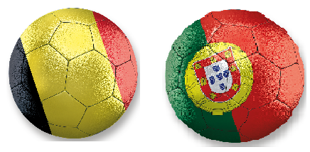 Zwei Fußbälle in den Nationalfarben von Belgien und Portugal