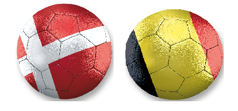 Zwei Fußbälle in den Nationalfarben von Dänemark und Belgien