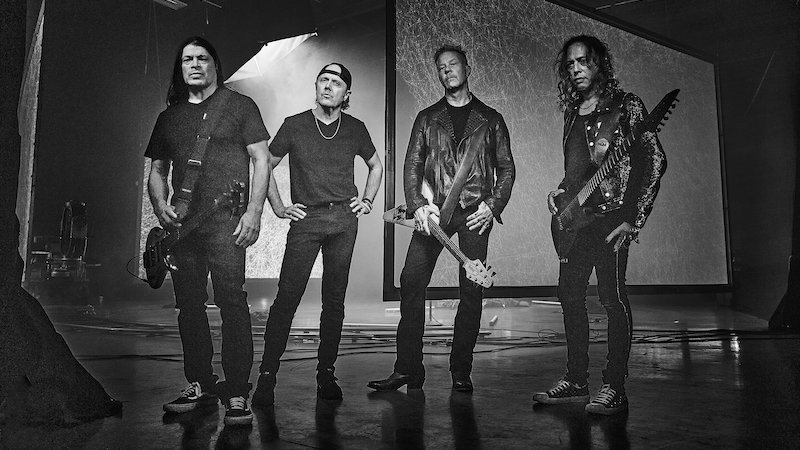 Bandfoto von Metallica, schwarz-weiß