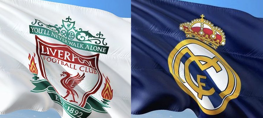 Die Flaggen von FC Liverpool und Real Madrid