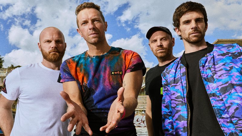 Foto der Band Coldplay, blauer Himmel im Hintergrund