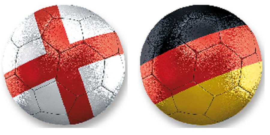 Zwei Fußbälle in den Nationalfarben von England und Deutschland
