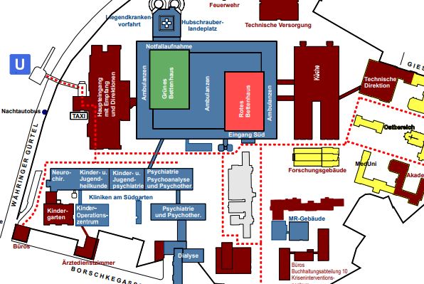 Karte mit Grundriss des AKH Wien mit verschiedenen Zugängen zum Krankenhausgelände