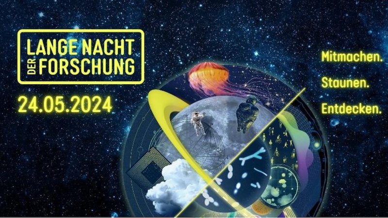Banner Lange Nacht der Forschung 2024: Verschiedene Facetten der Wissenschaft (z.B. der Mond, Astronaut, Qualle) zusammengefügt mit dem Weltall im Hintergrund.