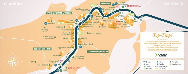 Das Bild zeigt eine Karte mit den Marillengärten in der Wachau.