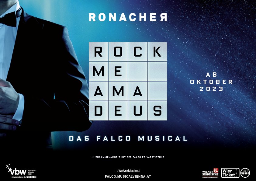 Das Bild zeigt das Plakat für ROCK ME AMADEUS - DAS FALCO MUSICAL.