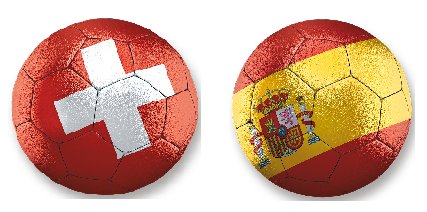 Zwei Fußbälle in den Nationalfarben der Schweiz und von Spanien