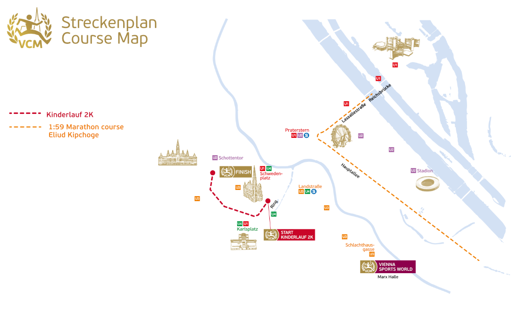 Karte der Strecke des Zwei-Kilometer-Kinderlaufes am Vienna City Marathon