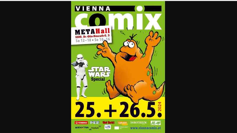 Flyer der Comix Vienna auf schwarzem Hintergrund