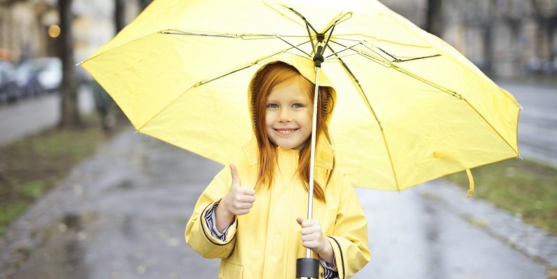 Das Bild zeigt ein Mädchen mit Regenschirm und Regenmantel. 