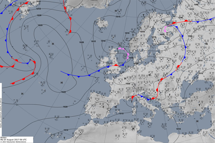 Wetterkarte von Europa. Hier sieht man Hoch- und Tiefdruckgebiete