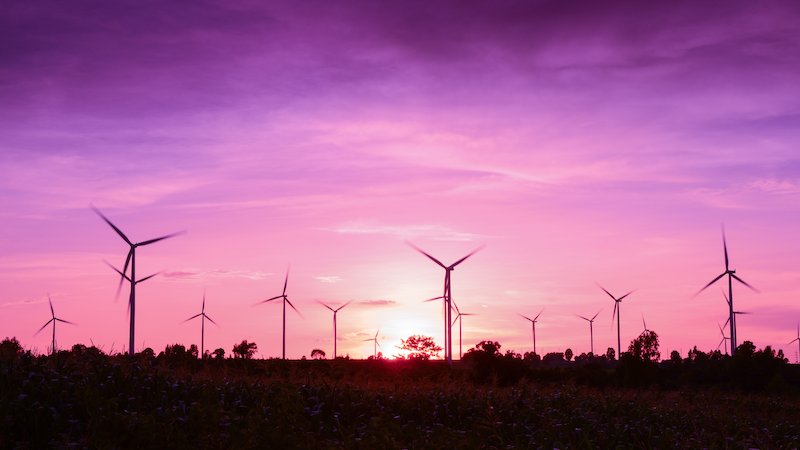Windräder im violetten Sonnenuntergang